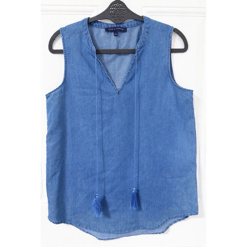 Alex & Parker Women's Blouse S Small Blue Chambray Tassel Collar Sleeveless